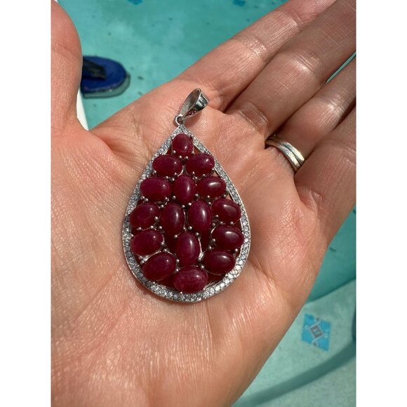 Lg Artisian Sterling Silver Teardrop Ruby Cluster Pendant CZ Accents Statement - Picture 6 of 8